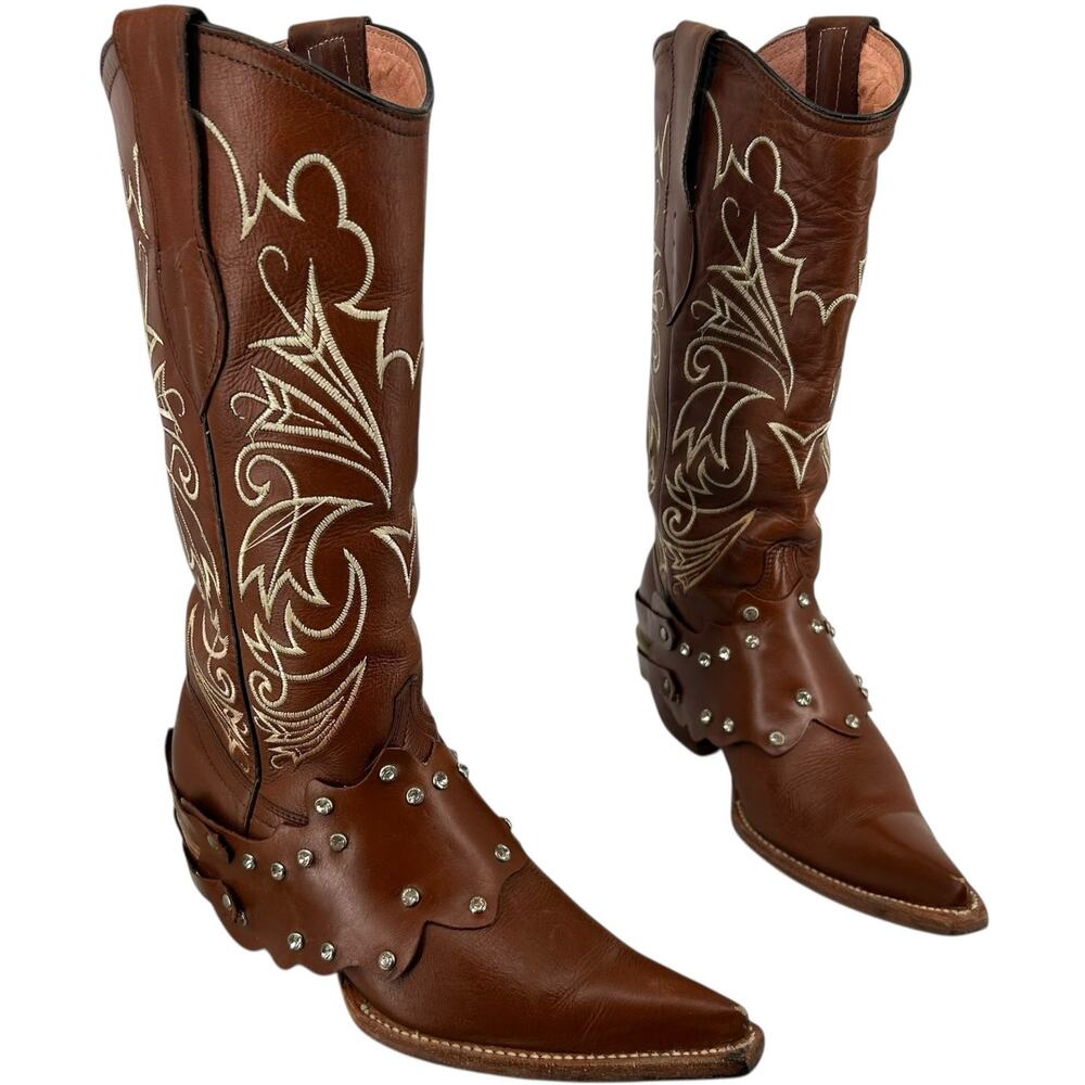 Women's Brown Studded Embroidered El General Leather Western Cowboy Boots 5M